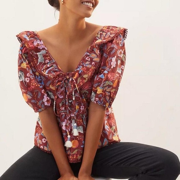 Anthropologie Maeve Ruffled PrintedFloral Zebra Tie-Front Blouse